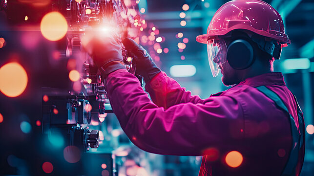 Dedicated industrial worker in hard hat and safety gear, expertly engaging with illuminated machinery, casting vibrant sparks and dynamic light effects in high-tech factory setting