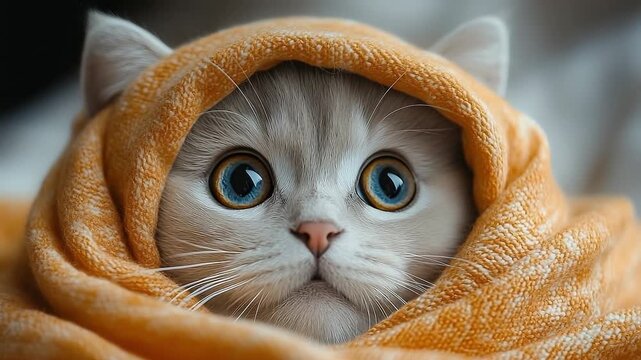 Charming white cat, snugly wrapped in an orange blanket, gazes with big expressive eyes, showcasing warmth and cuteness, camera zooms in