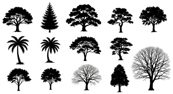 Tree Silhouettes Vector Illustration of Oak, Pine, Palm, and Bare Trees, Minimal Nature Design Layout

