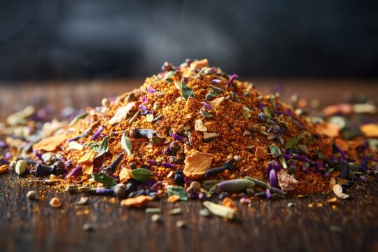 Vibrant, aromatic mound of exotic mixed spices and dried herbs on a rustic wooden surface, perfect for culinary creations.