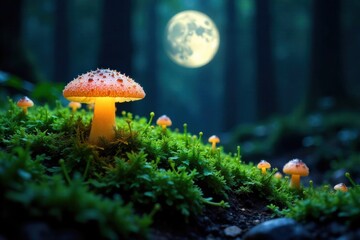Mystical Forest Floor Under Moonlight A high contrast, black background shot of a forest floor at night. Moonlight filters through unseen canopy, casting an ethereal glow on dark green moss,