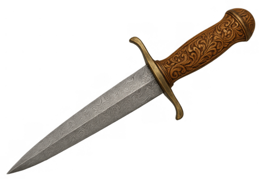 Dagger with ornate carved wooden hilt and damascus steel blade, medieval weapon on transparent background
