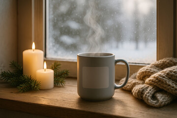 Cozy winter scene with warm drink and candles by the snowy window