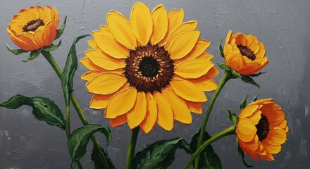 Expressive Sunflower Painting with Impasto Texture and Elegant Gray Backdrop