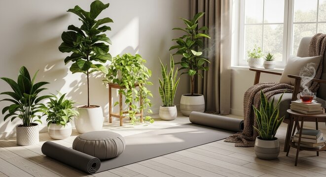 Bright room with yoga mat, plants, chair, and tea in a serene setting