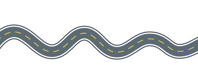Wavy road flat line illustration. Vector outline pictogram of a horizontal winding highway with yellow dashed lane markings and curved bends, symbolizing seamless travel route and journey path © YEVHENIIA