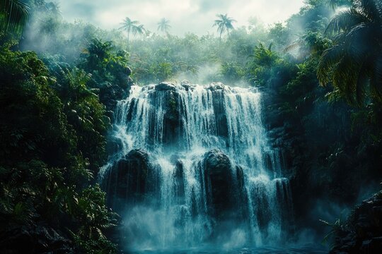 A majestic waterfall cascades through a dense, misty tropical jungle, surrounded by lush green foliage and distant palm trees under a cloudy sky.