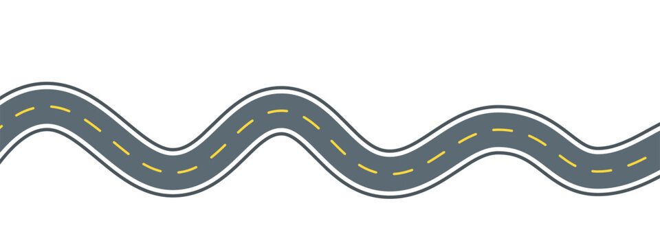 Wavy road flat line illustration. Vector outline pictogram of a horizontal winding highway with yellow dashed lane markings and curved bends, symbolizing seamless travel route and journey path