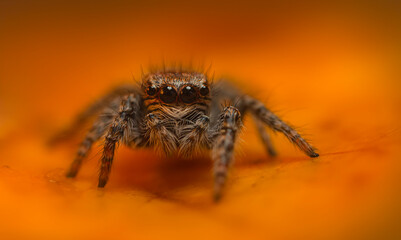 An aesthetically pleasing and impressive close-up photo of a spider. Spider species; Jumping spider. Natural background.