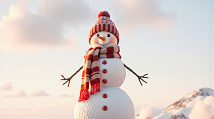 Fototapeta premium Cheerful snowman wearing a striped hat and scarf in winter