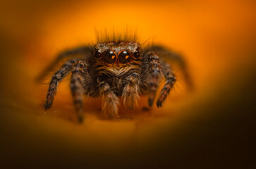 An aesthetically pleasing and impressive close-up photo of a spider. Spider species; Jumping spider. Natural background.