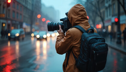 Naklejka premium Anonymous cameraman in hood shoots video on rainy city street. Journalist with backpack films urban scene at dusk. Pro operator holds camera with large lens, capturing life on wet evening road.