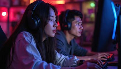 Asian woman, man play computer games in esports club with coach. Focus intensely on screen wearing headphones. Scene shows teamwork competition, digital entertainment within vibrant gaming