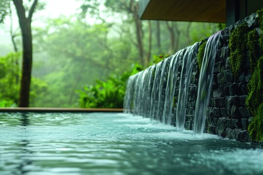 A tranquil swimming pool features a cascading stone waterfall, blending seamlessly with a lush, misty green tropical forest backdrop. - Powered by Adobe