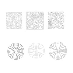Set of collection wood grain vectors with tree rings, planks, and bark textures. Wooden logs textures. Wood concepts graphics, lumber circles top view. Vintage outline tree rings
