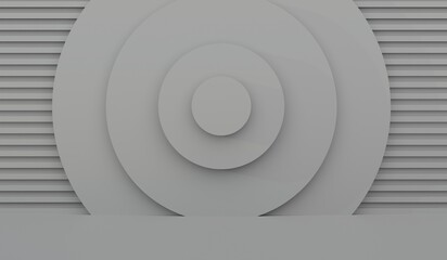 Showroom, stage, grey circle and wooden lattice, 3D illustration