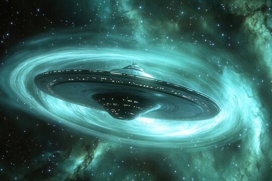 A large, illuminated disc-shaped spacecraft glides through a mesmerizing, swirling turquoise nebula and a starry cosmos.