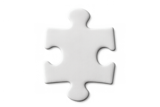White puzzle piece with four interlocking sides. Visualizing business concepts, teamwork, challenge, community, development, marketing. Isolated object