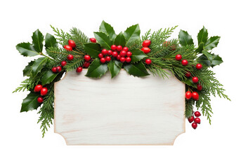 Christmas garland with fir, holly, and berries on a sign isolated on transparent background