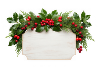 Christmas garland with fir, holly, and berries on a sign isolated on transparent background