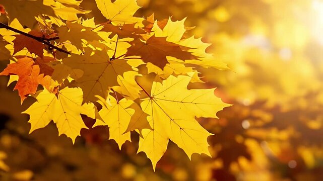 A stunning close-up of vibrant yellow maple leaves illuminated by the warm autumn sun. Sunlight filters through the golden foliage, creating a beautiful flare and a soft, warm glow. The background is 