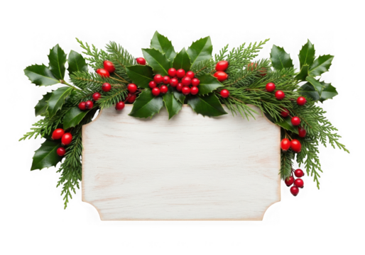 Christmas garland with fir, holly, and berries on a sign isolated on transparent background