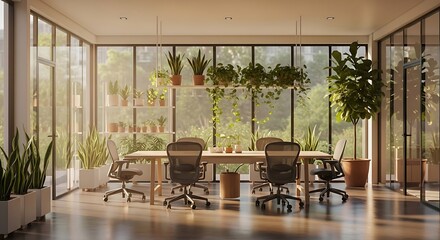 Sunlit modern meeting room filled with green plants, seamlessly blending corporate interior design with nature for a sustainable and calm workspace