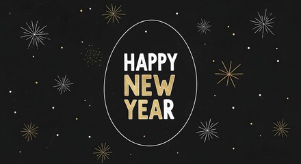 Fototapeta premium Elegant happy new year greeting with golden snowflakes on black background