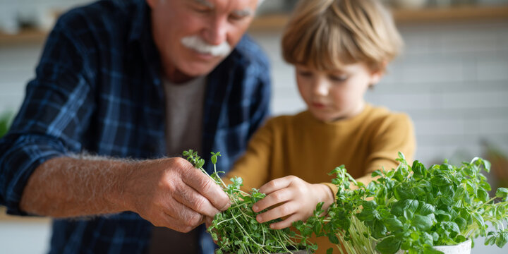 Grandfather and grandson harvesting fresh green herbs together in a bright kitchen, sharing a bonding moment while learning about gardening and plants