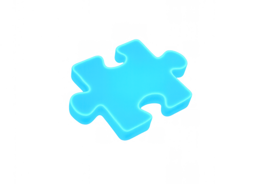 Blue puzzle piece connecting problem solving concept, teamwork solution, 3d jigsaw element, on transparent background