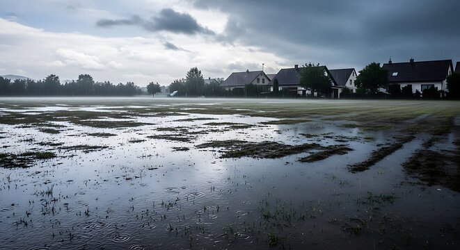 Gloomy overcast sky reflecting on a muddy field after heavy rainfall