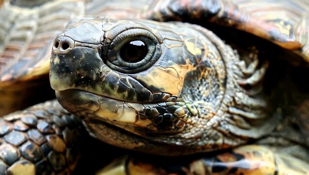 Close up turtle head with textured shell and curious gaze in natural light