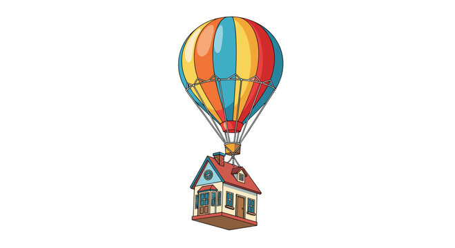 A whimsical house suspended from a colorful hot air balloon, Generative AI.
