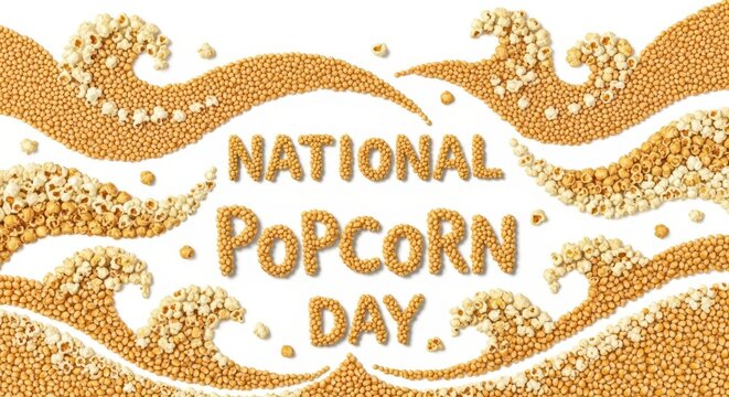 National popcorn day text made of popcorn kernels with wavy popcorn borders on a white background