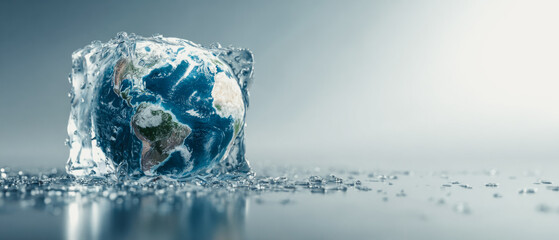 Earth globe encased in ice cube with melting droplets on a reflective surface in a studio setting