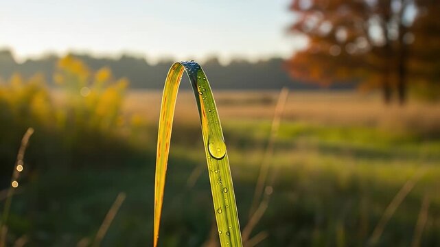 A stunning macro shot captures a single blade of grass arching gracefully, adorned with shimmering dewdrops. The golden light of a serene sunrise illuminates the scene, creating a beautiful bokeh back