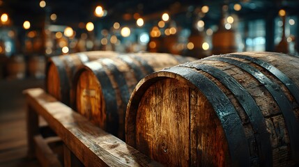 Atmospheric shot inside a distillery, focusing on a row of aging wooden whiskey barrels, with warm light highlighting their rustic texture.