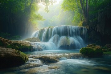 A majestic waterfall cascades over mossy rocks amidst a lush, sun-dappled rainforest, creating a serene and ethereal natural landscape.