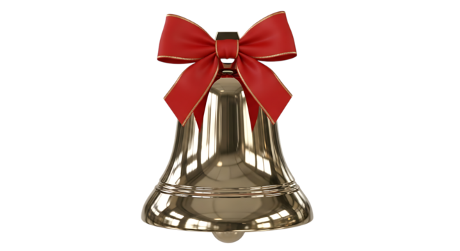 Shiny golden christmas bell with a red ribbon bow decoration isolated on transparent background - Powered by Adobe