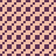 Pattern created from diagonal lines of small and large maroon squares on a pale peach background
