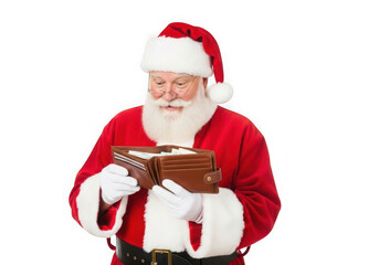 Santa claus looking at his wallet isolated on transparent background