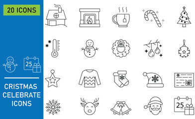 Christmas cons set in black line icons. Containing as snowflake, gift, tree, reindeer, bell, ornament and more. Winter holiday symbols. Black graphic elements. Vector illustration. 