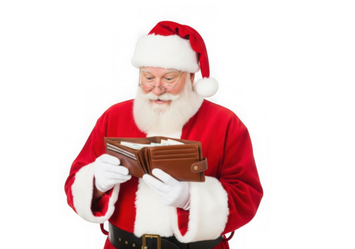 Santa claus looking at his wallet isolated on transparent background