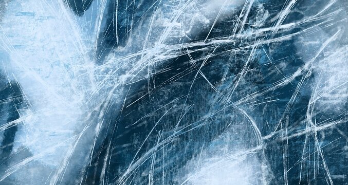 Abstract texture of scratched ice. Frozen blue surface with sharp icy lines and rough marks. Cold winter background with realistic ice structure. For seasonal design and frosty templates