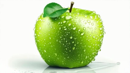 Fresh green apple with water droplets on white - Powered by Adobe