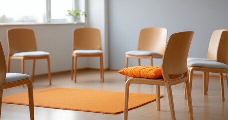 Empty therapy or support group room with wooden chairs arranged in a circle and an orange cushion on one chair