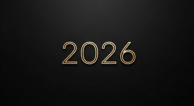 Elegant new year 2026 title with thin, glowing golden typography on a dark black background