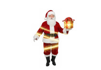 Santa claus holding a glowing gift isolated on transparent background