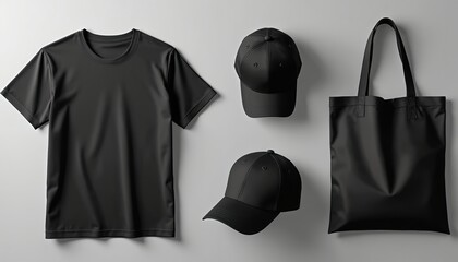 Black t-shirt, baseball cap, tote bag mockup set. Blank apparel, accessories for brand identity presentation. Plain cotton tee shirt, hat, shopper for merchandise design. Dark clothes collection on