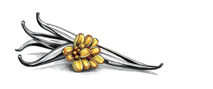 Sketch of vanilla bean, showing intricate details of pod and seeds,  design,  retro
